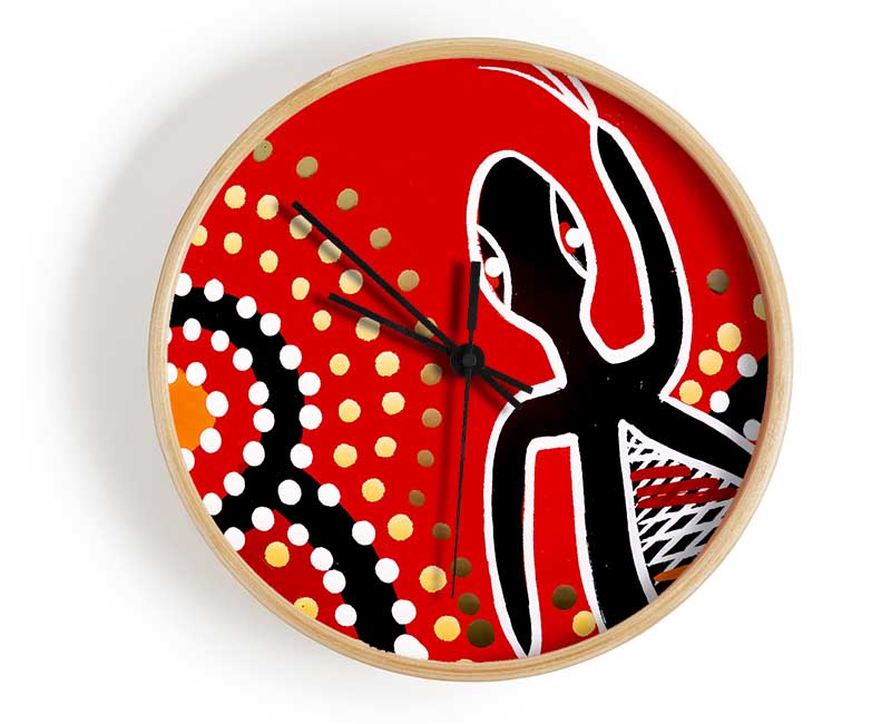 Aboriginal Red Gecko Sun clock made from natural bamboo with a round face and clear Plexiglas lens, showcasing intricate Aboriginal design.